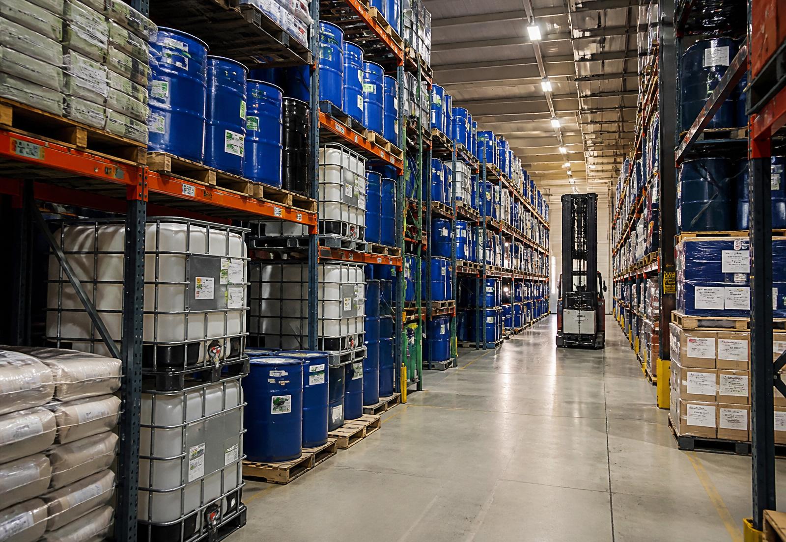 Ingredient drums, totes, and pallets stacked in a distribution warehouse aisle